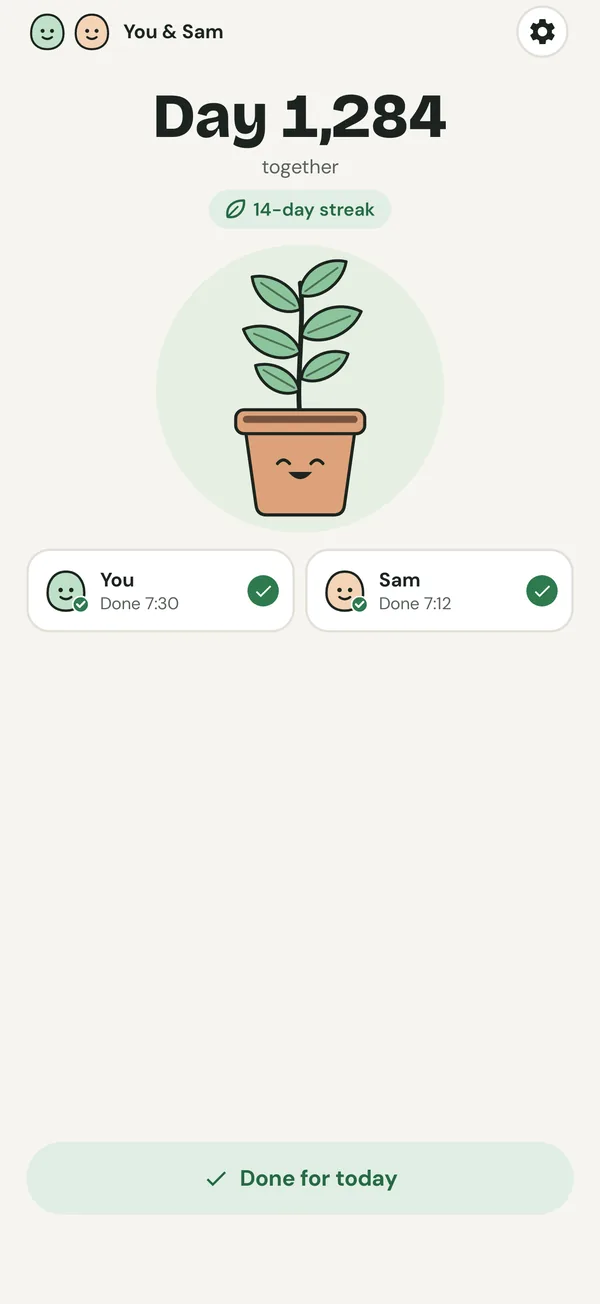 Duoleaf Home: Day 1,284 together, the shared plant, and both of you marked done for today