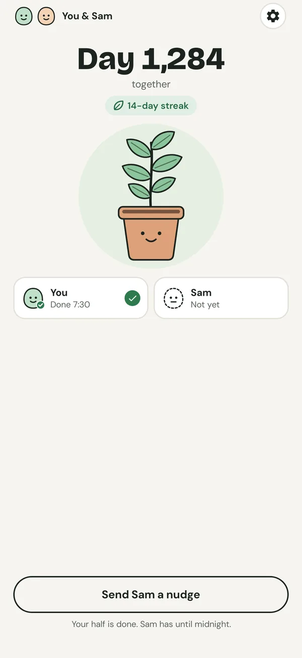 Home after your session: you are done, Sam is not yet, with a button to send Sam a nudge